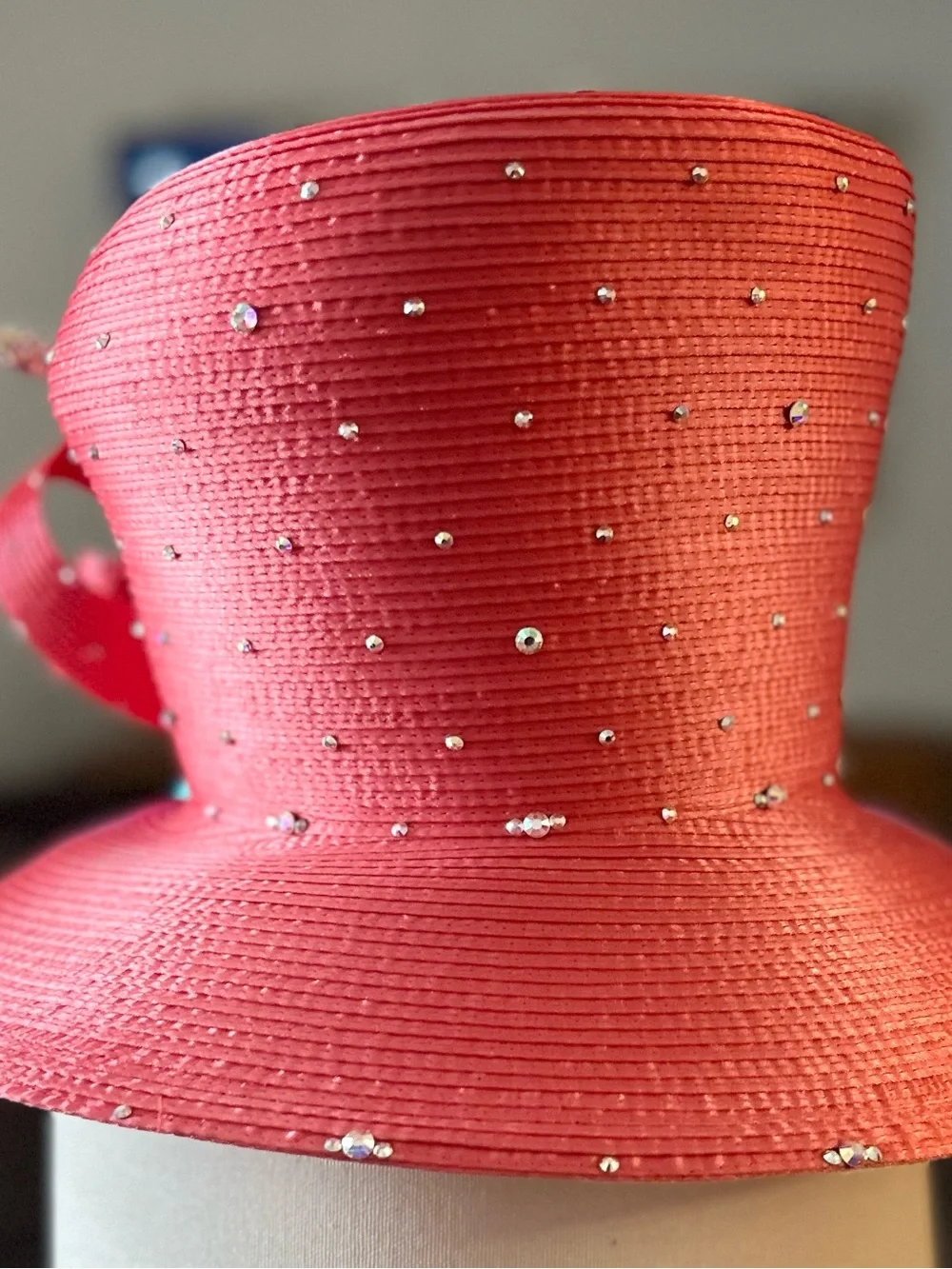 Rhinestone Embellished Coral Wide-Brim Hat with Statement Bow